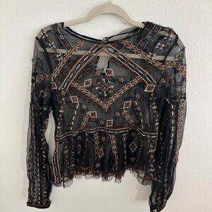 Johnny Was Black Sheer Blouse with Multicolor Embroidery